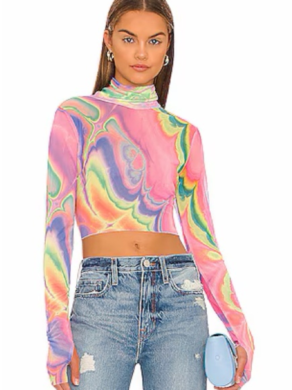 AFRM Multicolored Swirl Long-Sleeve Cropped Turtleneck